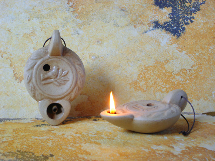 ANCIENT CERAMIC OLIVE OIL LAMPS Oil lamps with decoration from Greek mythology